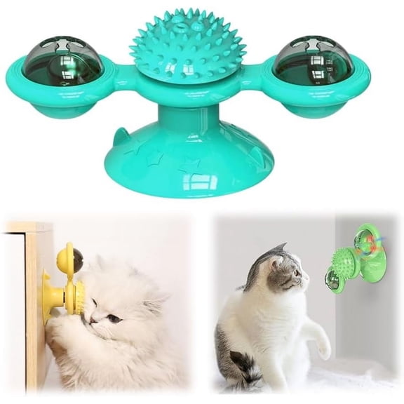 Interactive Windmill Cat Toy with LED Light Ball, Catnip-Filled Rotating Plaything, Indoor Exercise Fun for Cats, Cyan, 6.2"*2.9"*2.7"