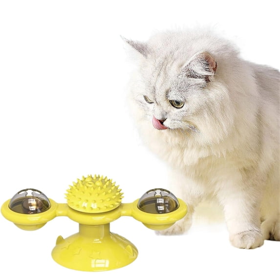Interactive Windmill Suction Cup Cat Toy - Led Light Ball & Catnip, Indoor Cat Chew Toy For Kitten Exercise,Yellow