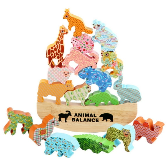 Interactive Wooden Animal Themed Balancing Building Block Set With Shape Matching And Construction, For Parents And Children 36+ Months Engagement With 1 Base And 18 Blocks