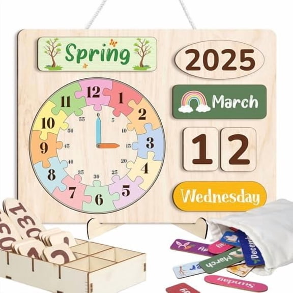 Interactive Wooden Calendar for Kids Ages 3-8, Teaching Seasons, Years, Months, Days of Week, Daily Calendar for Kids, Preschool Calendars for Homeschool (12 x 9 inches)$$Office