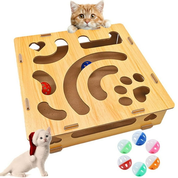Interactive Wooden Cat Toy Puzzle Toy with 2 Bells, Durable Wooden Cat Enrichment Maze for Indoor Cats, Stimulating Kitty Hunt Game, Medium