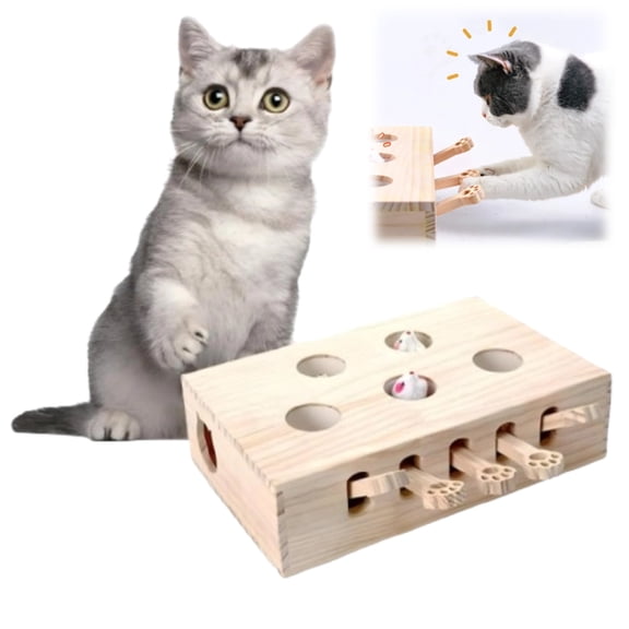 Interactive Wooden Whack-A-Mole Cat Toy, 3-in-1 Multi Functional Wooden Cat Toy, Engaging and Durable Play for Cats and Kittens, Perfect for Indoor Exercise and Fun (1PC)