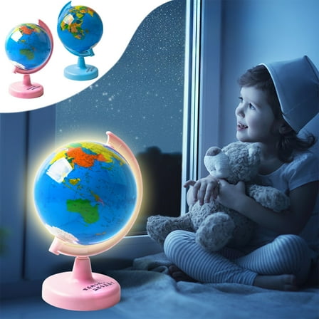 Interactive World Globe Toy | Illuminated Rotating Educational Geography Model | 3D Ornament Teaching Aid - Built-In LED Night Light | Removable Base | 9 Inch Plastic Blue - Home & Learning Decor