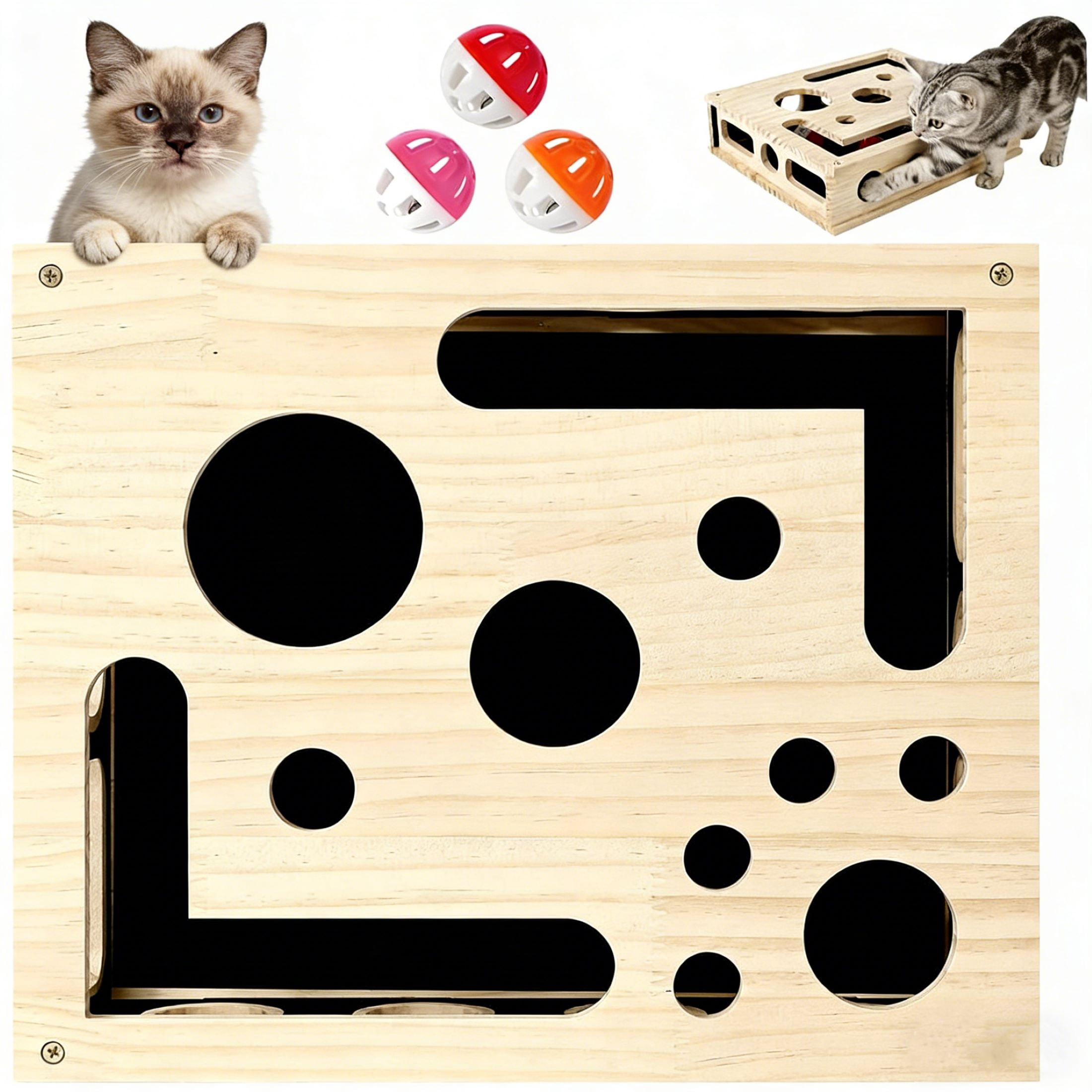 Interactive cat nail file scratch puzzle rich box, with nail file pad, 1 wand toy, and 3 game balls (random colors)