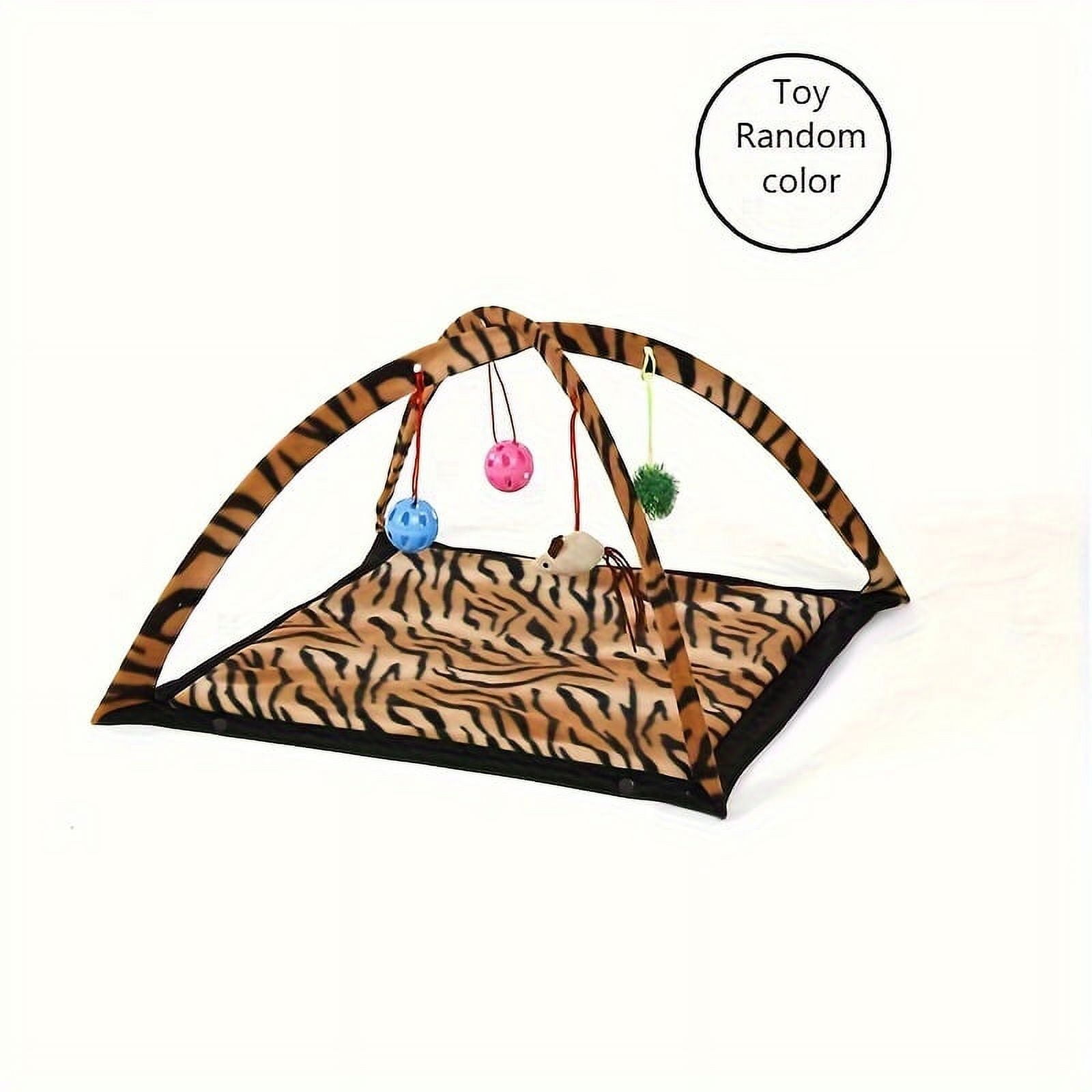 Interactive cat toy rocking activity mat for playing with cats, featuring a scratching area, hanging toys, and rolling balls