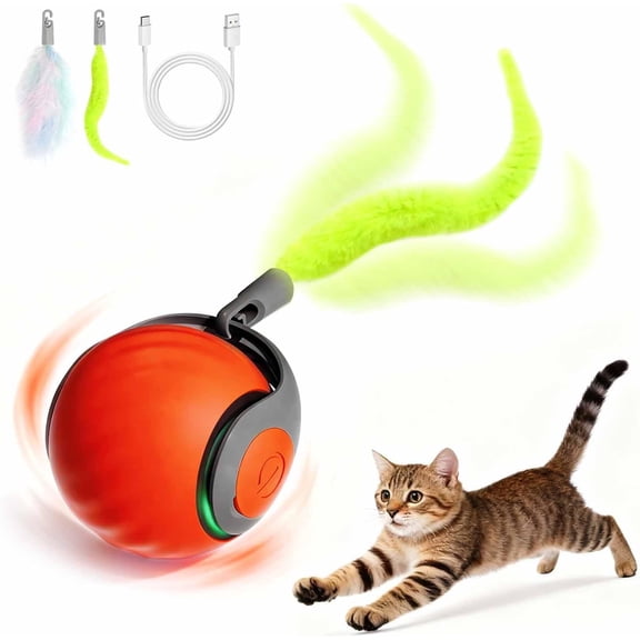 Interactive for Indoor Cats, Moving Ball with Tail, 2 Speeds Automatic Kitten for Bored Indoor Cats,Motion Activated Rolling Ball (Orange)