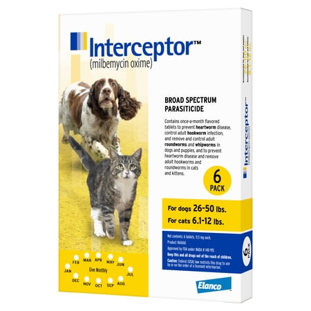 Interceptor Tablets, 26-50 lbs. for Dogs and 6.1-12 lbs. for Cats (Yellow), 6-Month Supply