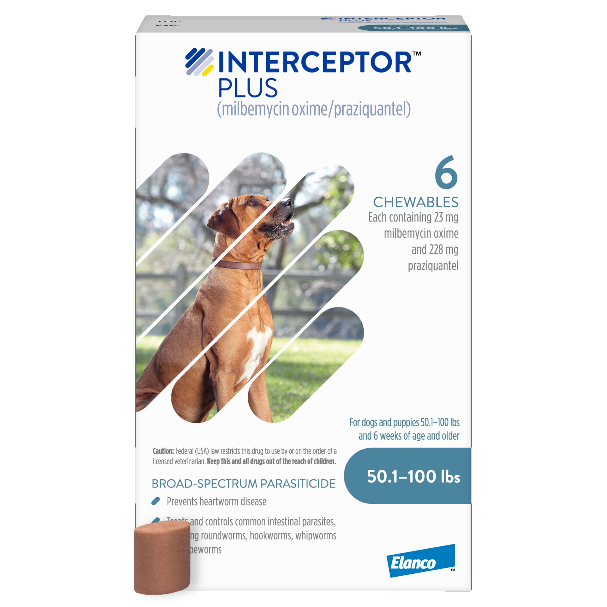 Interceptor Plus Prevention for Heartworm + 4 Other Worms for Dogs 50.1-100 lbs. 6 Chews, 6-Month Supply