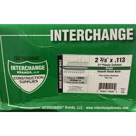 Interchange 2 3/8" x .113, 21 Plastic Collated Bright Smooth Shank Nails , 5000 Count
