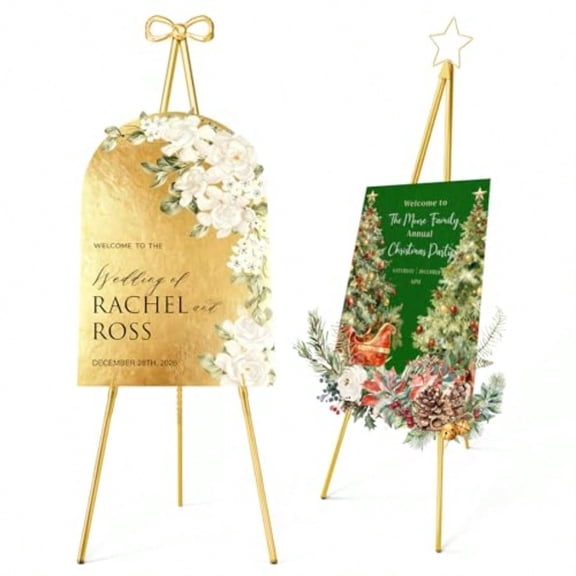 Interchangeable Bow Star Top Gold Easel Stand for Sign 6247 Height Adjustable Heavy Duty Wedding Easel Stand with 3 Display Modes Perfect for Welcome Signs Christmas Decor Parties Events