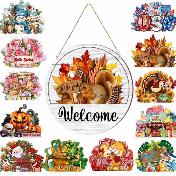 Interchangeable Door Sign 12 Inch Wood Welcome Decor 12 Magnetic Icons Interchangeable Welcome Sign for Front Door Seasonal Porch Hanger Farmhouse Holiday Wreath Outdoor Indoor Gift