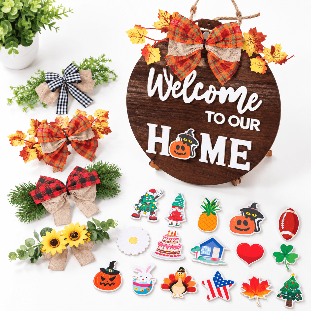 Interchangeable Farmhouse Rustic Welcome Sign with 4 Seasonal Wreaths ...