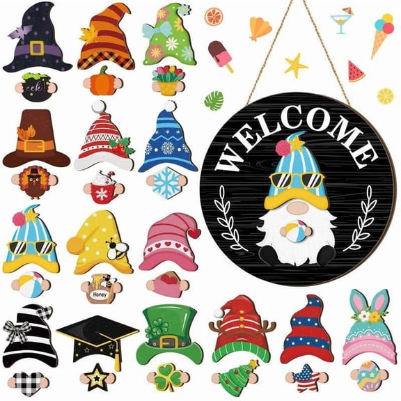 Interchangeable Gnome Welcome Sign  2-Pack Christmas Wooden Gnome Decor with Magnetic Detachable Hats, DIY Tiered Tray Decoration Fall Thanksgiving and Christmas Porch Season Home Decor
