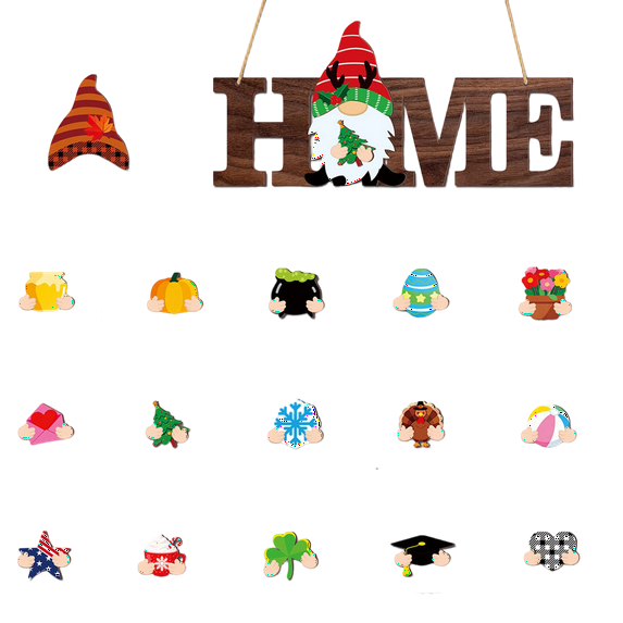 Interchangeable Gnome Wooden Hanging Sign With Magnetic Decor - 15 Replaceable Seasonal & Holiday Ornaments For Home, Living Room, Party Decor - Ideal For S, Teens, Festive