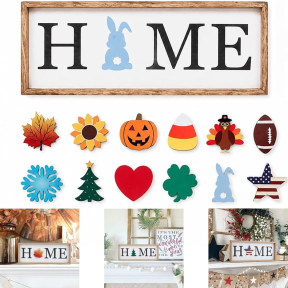 Interchangeable HOME Seasonal Tabletop Sign with 12 Pcs Seasonal Icons Wooden HOME Sign for All Seasons Shelf Mantel Windowsill Decor