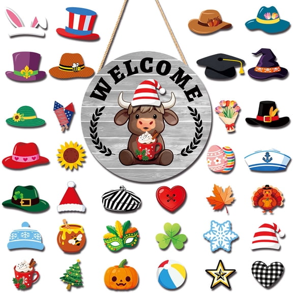 Interchangeable Highland Cow Welcome Sign with Magnetic Hats and Accessories Seasonal Wooden Hanging Front Door Decor