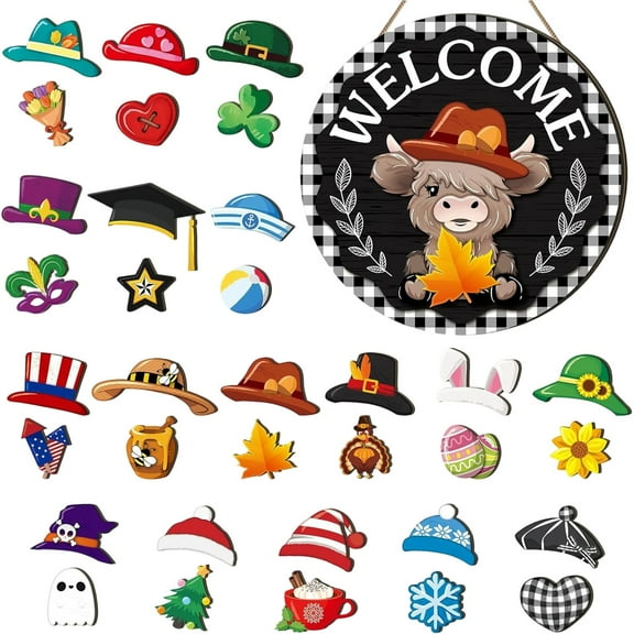 Interchangeable Highlands Cow Welcome Sign - 35 Pcs Front Door Decor Set with 17 Swappable Hats & Seasonal Pieces for Farmhouse, Holiday, Christmas & Halloween Decorating