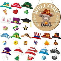 Interchangeable Highlands Cow Welcome Sign - 35 Pcs Front Door Decor Set with 17 Swappable Hats & Seasonal Pieces for Farmhouse, Holiday, Christmas & Halloween Decorating