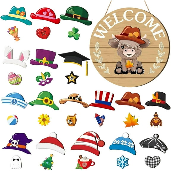 Interchangeable Highlands Cow Welcome Sign - 35 Pcs Front Door Decor Set with 17 Swappable Hats & Seasonal Pieces for Farmhouse, Holiday, Christmas & Halloween Decorating