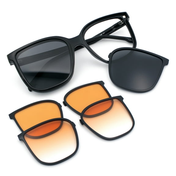 Interchangeable Lens Oversized Horn Rim Plastic Fashion Sunglasses Black + Cat. 2 Driving Lenses