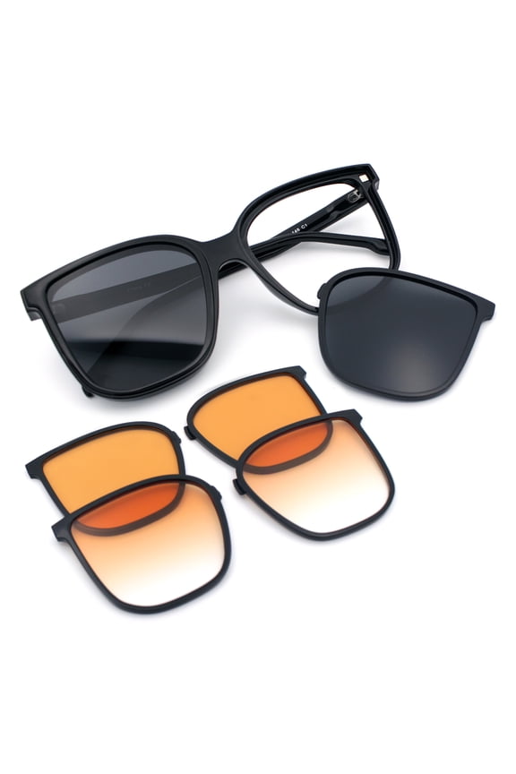 Interchangeable Lens Oversized Horn Rim Plastic Fashion Sunglasses Black + Cat. 2 Driving Lenses