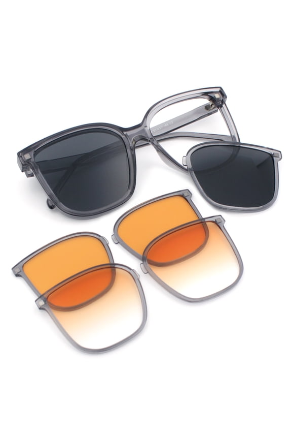 Interchangeable Lens Oversized Horn Rim Plastic Fashion Sunglasses Slate + Cat. 2 Driving Lenses
