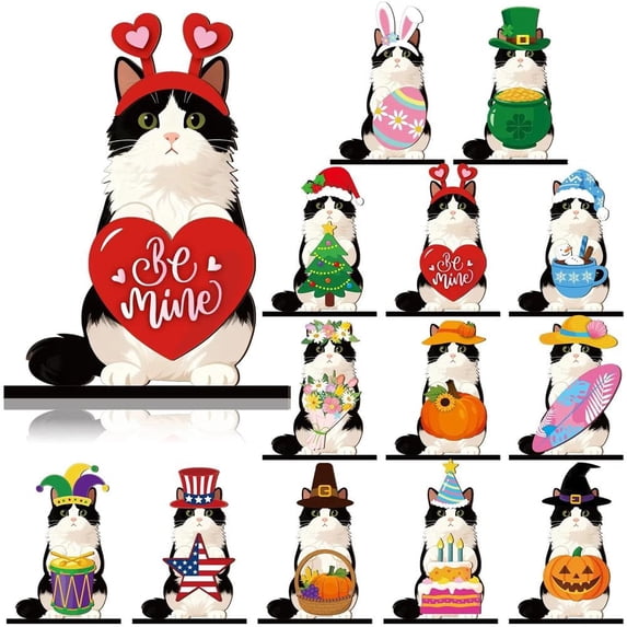 Interchangeable Magnetic Cat Wooden Desk Decor, Seasonal Animal Tabletop Stand with Swap Hats for Farmhouse Home Office Tiered Tray