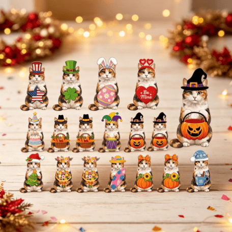 Interchangeable Seasonal Animal Wooden Decor Set with Magnetic Hats, Cute Cat Desk Sign for Home Office, Tiered Tray, and Farmhouse Tabletop Display
