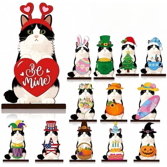 Interchangeable Seasonal Animal Wooden Decor Set with Magnetic Hats, Magnetic Desk Accessories, Cute Cat Wooden Sign Desk Decor