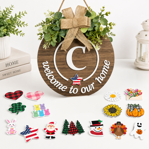 Interchangeable Seasonal Letter C Welcome Sign Front Door Decor Wooden Wreath Rustic Initial Home Decor