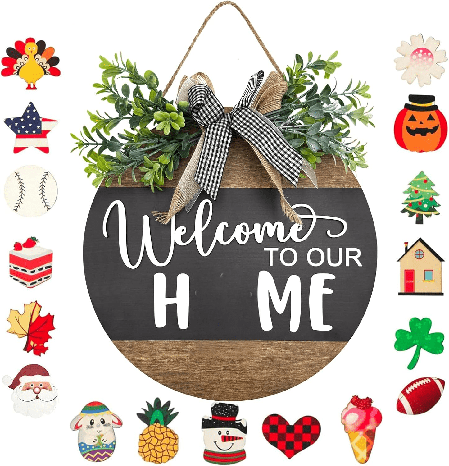 Interchangeable Seasonal Round Wood WELCOME TO OUR HOME Sign for Front Door,Rustic Hanging Wood Wreaths Sign,Farmhouse Porch Fence Welcome Wreaths Decorations.(12inch)