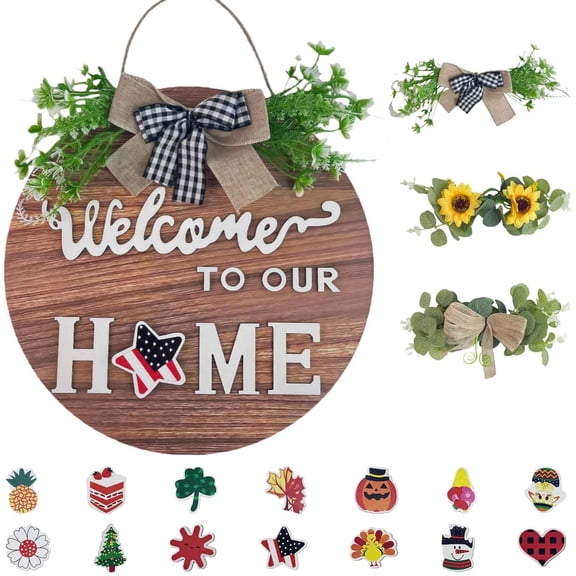 Interchangeable Seasonal Welcome Sign  3 Rustic Wreaths & 14 Changeable Icons | Round Wood Wall Hanging for Front Door, Farmhouse, Porch | Year-Round Holiday Decor
