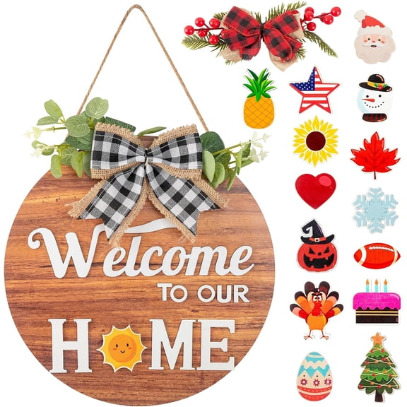 Interchangeable Seasonal Welcome Sign Front Door Decor, Rustic Round Wood Wreath Wall Hanging, Farmhouse Porch Indoor Outdoor for All Seasons Holiday Halloween Christmas