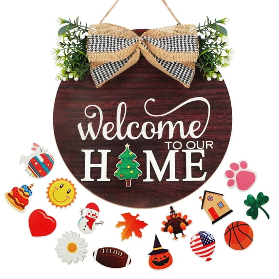 Interchangeable Seasonal Welcome Sign Front Door Decoration Rustic Round Wood Pattern Wreaths Wall Hanging for Farmhouse Front Porch Decor, Diameter 12in