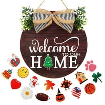 Interchangeable Seasonal Welcome Sign Front Door Decoration Rustic Round Wood Pattern Wreaths Wall Hanging for Farmhouse Front Porch Decor, Diameter 12in