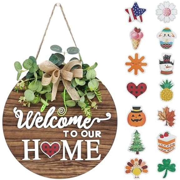 Interchangeable Seasonal Welcome Sign Front Door Decoration, Rustic Round Wood Wreaths Wall Hanging Outdoor, Farmhouse, Porch, for Spring Summer Fall All Seasons Holiday Halloween Christmas.
