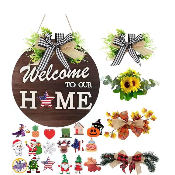 Interchangeable Seasonal Welcome Sign Front Door Round Wreaths Wall Hanging for Farmhouse Porch Summer Fall