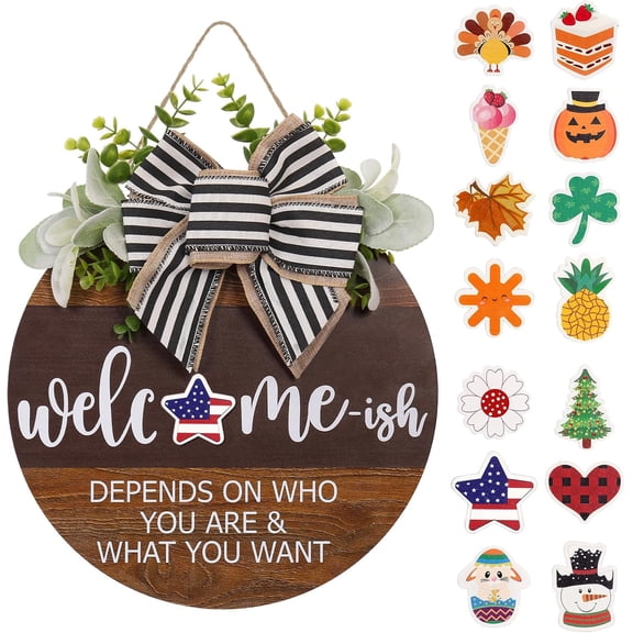 Interchangeable Seasonal Welcome Sign for Front Door, Rustic Round Wood Wreath Door Hanging Decorations, Spring Summer Fall Halloween Christmas Farmhouse Outdoor Home Wall Decor (12Inch)