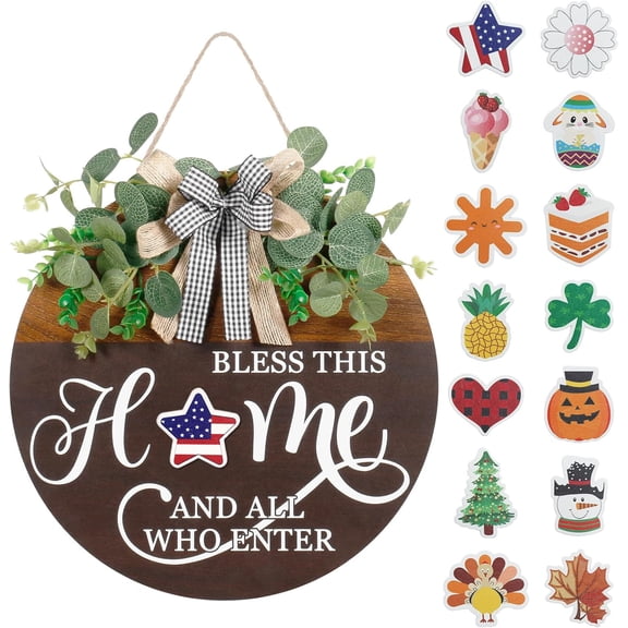 Interchangeable Seasonal Welcome Sign for Front Door, Rustic Round Wood Wreath Wall Hanging Decorations, for Spring Summer Fall Winter All Holiday Halloween Christmas Farmhouse Outdoor Home Decor