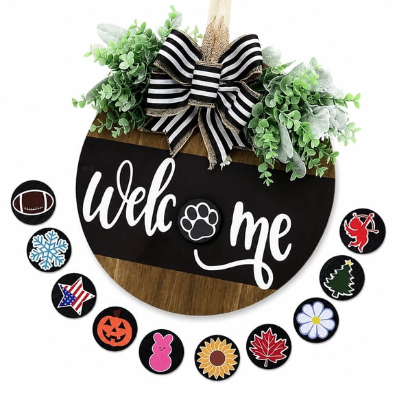 Interchangeable Seasonal Welcome Sign for Front Door, Rustic Round Wooden Wreath Wall Hanging Decor, All-Year Holiday Door Sign for Farmhouse Porch, 12in Black and Brown