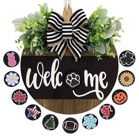 Interchangeable Seasonal Welcome Sign for Front Door, Rustic Round Wooden Wreath Wall Hanging Decor, All-Year Holiday Door Sign for Farmhouse Porch, 12in Black and Brown