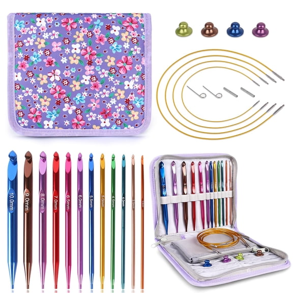 Interchangeable Tunisian Crochet Hook Set, 12 Sizes 3.0-10mm Aluminum, with 4 Cables and Storage Bag