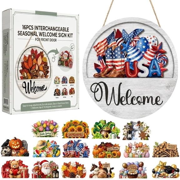 Interchangeable Welcome Sign, 16 Seasonal Pieces Magnetic Door Sign, Rustic Farmhouse Front Door Decor for Porch Entryway Holiday Home Decoration