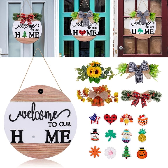 Interchangeable Welcome Sign for Front Door - 4 Seasonal Wreaths & 14 Holiday Icons, Rustic Farmhouse Wooden Wall Decor, Year-Round Porch/Indoor Decoration