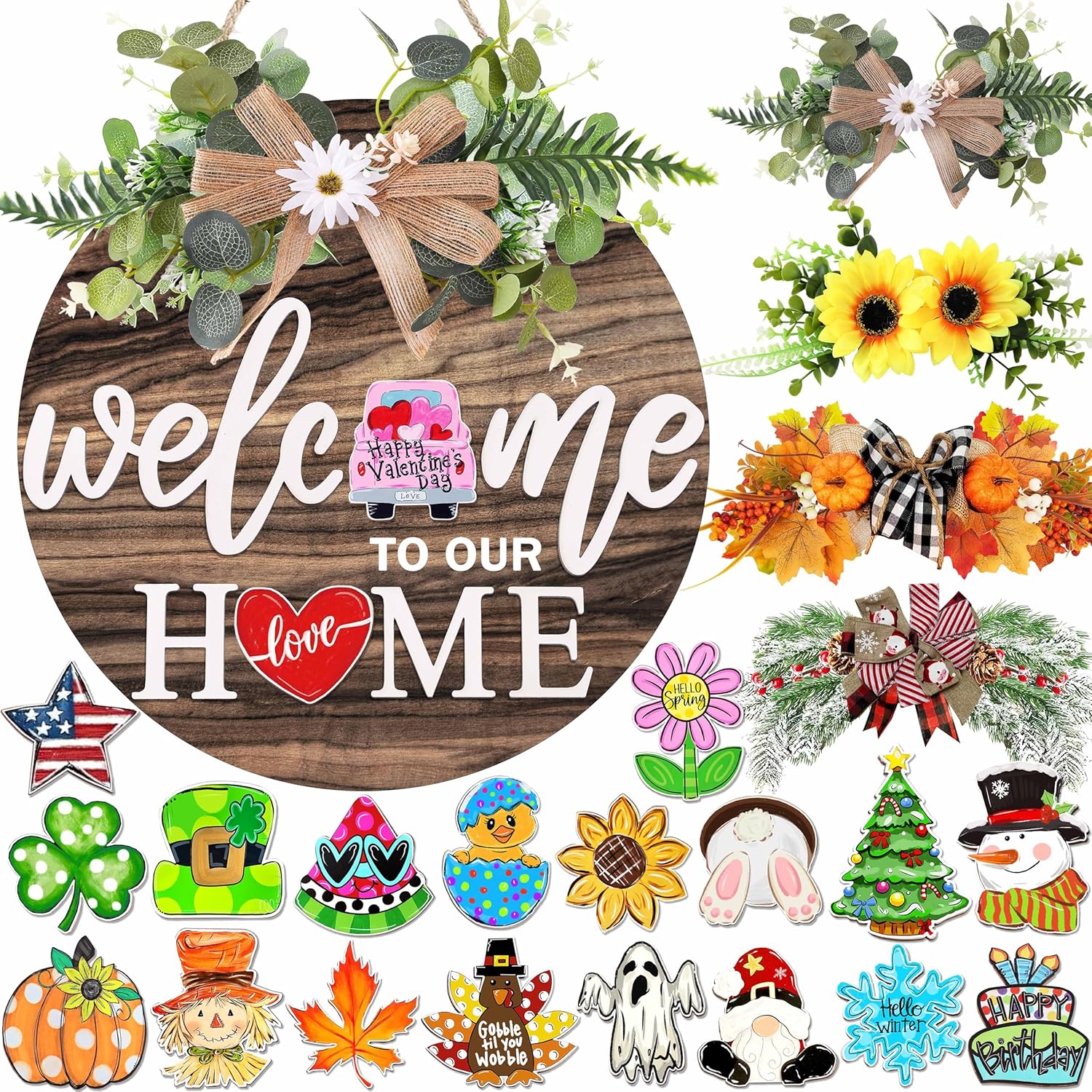 Interchangeable Welcome Sign for Front Door with 4 Seasonal Wreaths and ...