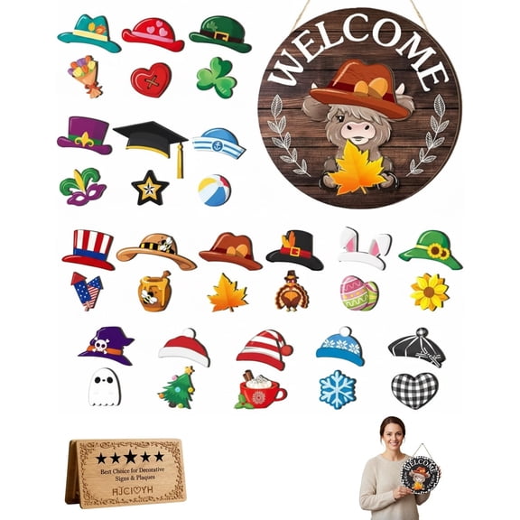 Interchangeable Welcome Sign Highland Cow Decor, 11.8" Round Wooden Hanging Board with 34 Seasonal Icons for Front Door Office, Rustic Wreath Tarp