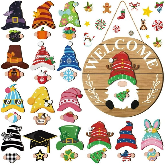 Interchangeable Wooden Gnome Decor Holiday Seasonal Gnome Decorations with Magnet Pieces and Detachable Hats Changeable Welcome Sign for Home