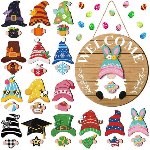 DIY Interchangeable Wooden Gnome Decor Holiday Seasonal Gnome Decorations with Magnet Pieces and Detachable Hats Changeable Welcome Sign for Home