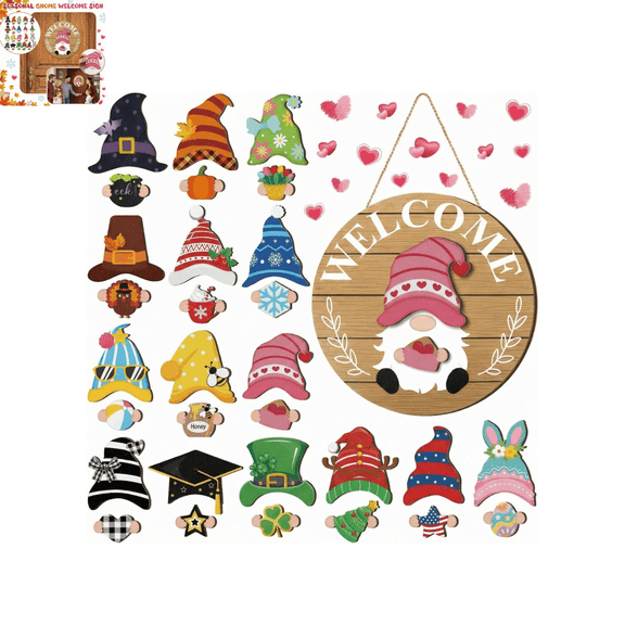 Interchangeable Wooden Gnomes Decor, Holiday Seasonal Gnome Decorations, Changeable Welcome Sign with Magnet Pieces & Detachable Hats, Welcome Home Decorations, Winter Decorations for Home