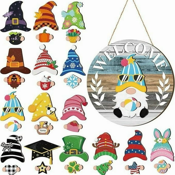 Interchangeable Wooden Holiday Sign – Seasonal Gnome Door Hanging Decor with Swappable Hats & Accessories – Christmas, Halloween, Easter, Summer – Rustic Wooden Decoration for Porch, Entryway, Wall
